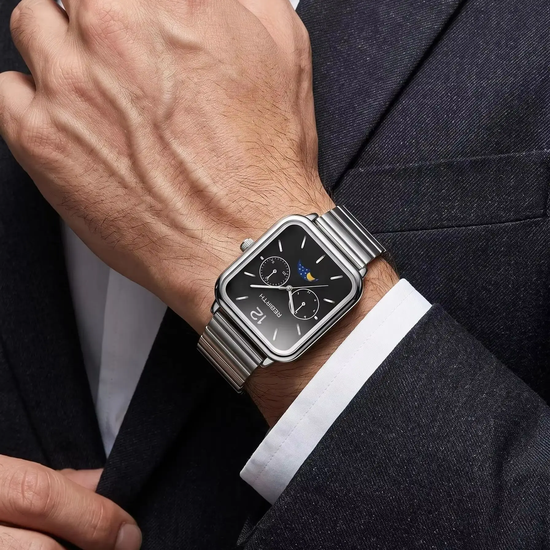 Simple Business-Style Square Moon Phase Steel Band Men's Quartz Watch, Light Luxury Casual Dual Dial Commuter Men's Watch