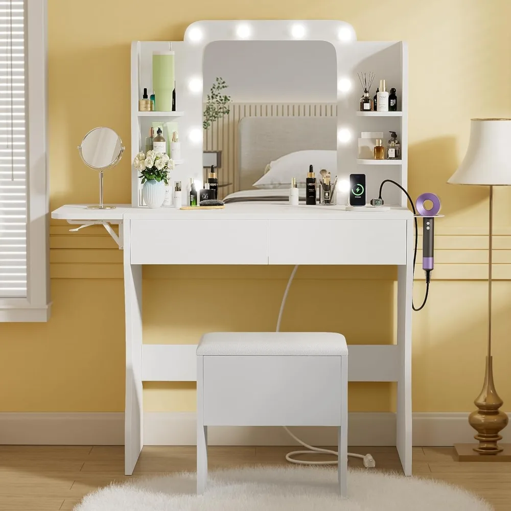 

White Vanity Desk with Mirror and Lights -Makeup Vanities with 2 Large Drawers & Power Outlet, Dressing Table Hollywood Vanities