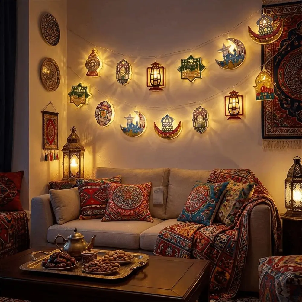 

10/20 LED EID Mubarak String Lights Colorful Lighting Battery Operated Moon Star Castle Lamp Iron Art Ramadan String Light