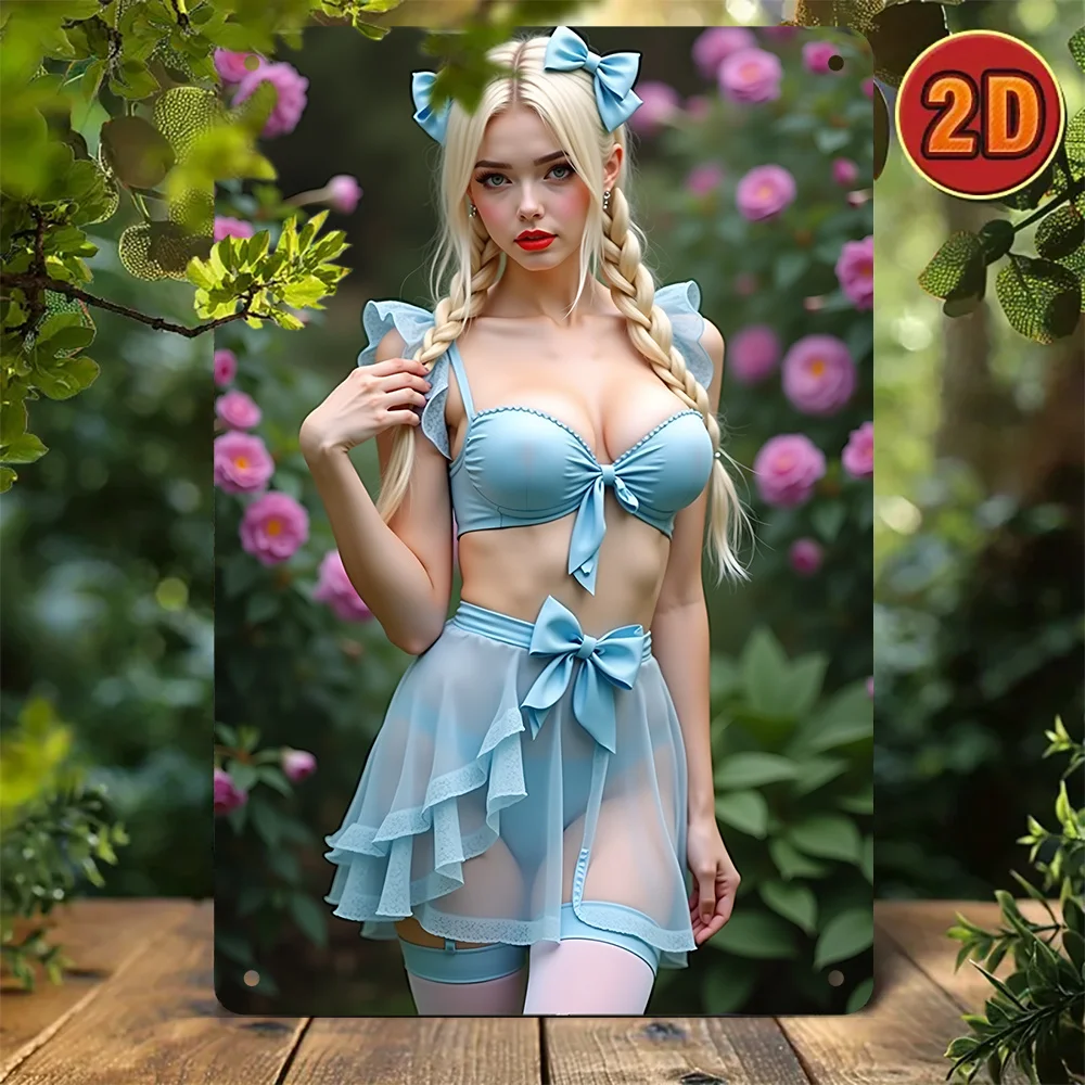 Vintage Blonde Braided Girl Blue Lingerie Floral Background Metal Tin Sign Wall Decor For Bedroom Bar Club