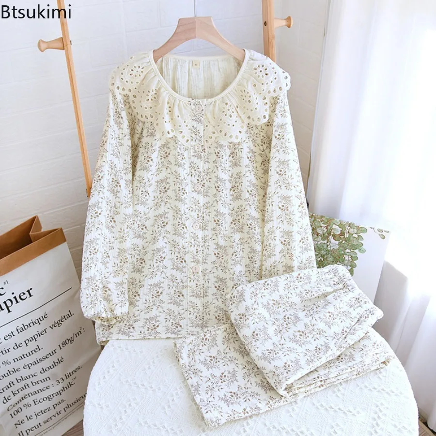 2025 Women's Pajamas Crepe Hollow Lace Round Neck Pajama Set for Women Cotton Cardigan Long Sleeved Pants with Pockets Home Wear