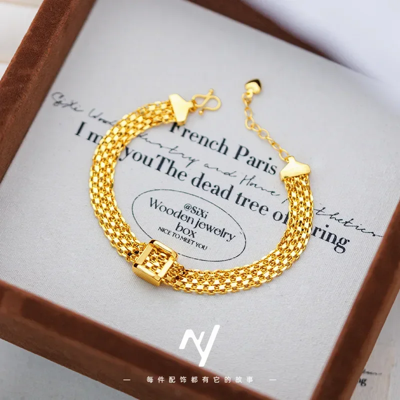 NovaGlod 9999 24K real gold light luxury vintage medium braided gold square strap bracelet women's retro high-end silk satin bra