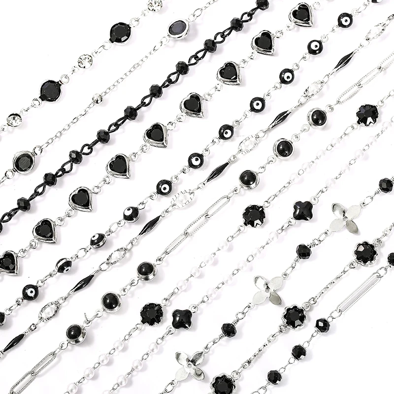 1metre 12 styles copper black glass zircon arrangement trim metal chain stitched for Wedding Dress bag decoration accessories Y7