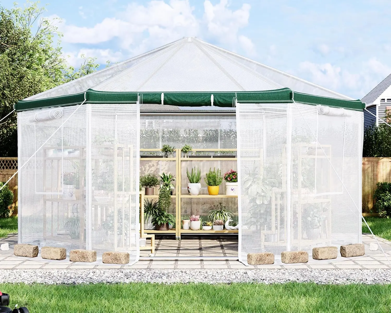 

13.5x13.5x9 FT Hexagonal Walk-in Greenhouse for Outdoors, Heavy-Duty Greenhouse with Windbreak Ropes, Waterproof PE, Customized