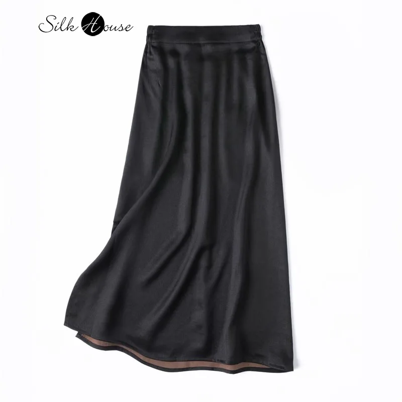 Classic 100% Natural Mulberry Silk Gambiered Guangdong Gauze Black Elastic Waist Women's Fashionable Split Skirt