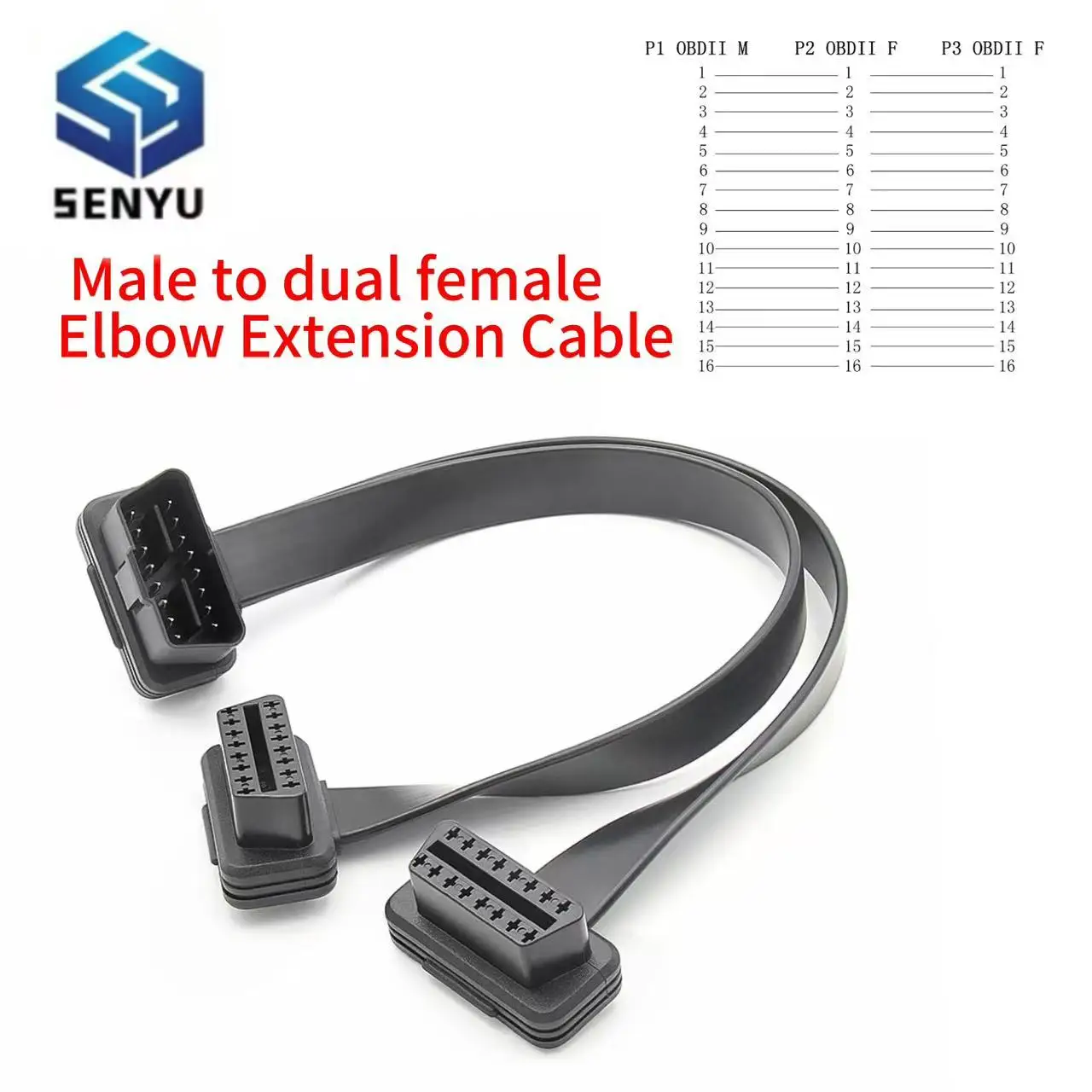 16PIN 30CM OBDII Male To Dual Female Extension Connector Cable Y Splitter OBD2 16 Pin Flat+Thin as Noodle 2 IN 1 with ELM327