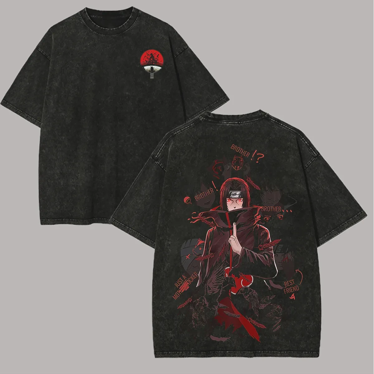 Itachi T Shirt Naruto Men Acid Wash Back Print Akatsuki Crow Anime Graphic Cotton Streetwear Brother Uchiha Vintage Bootleg Tee