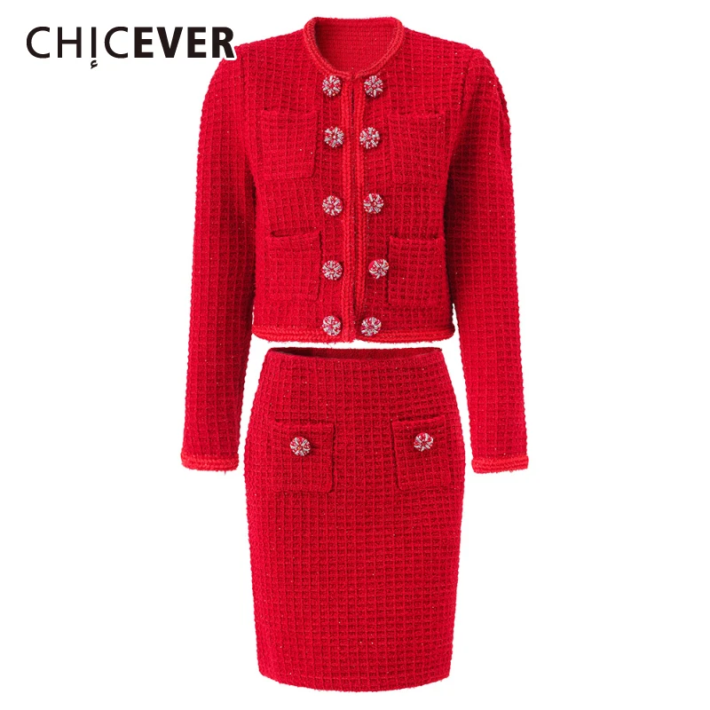 

CHICEVER 2025 Festive Two Piece Set for Women High Waist O Neck Long Sleeve Spliced Buttons Coat Slim Mid Skirt Knit Suit Female