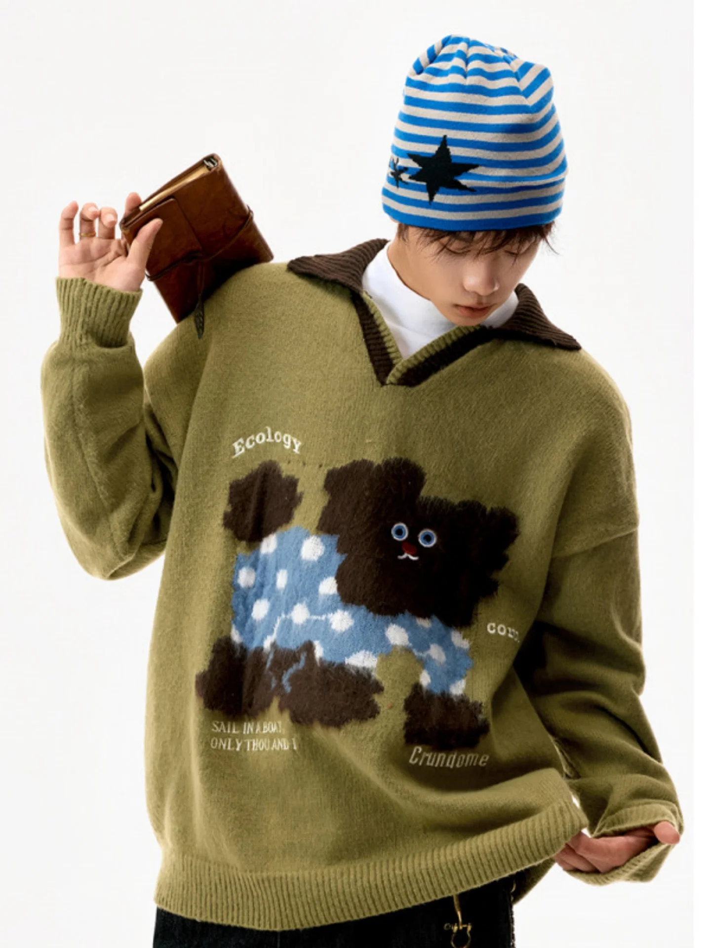 

Fun Dog Pattern Knitted Sweater Loose Fit Casual Sle Men's Women's Autumn Winter New Design Color Blo Collar irt