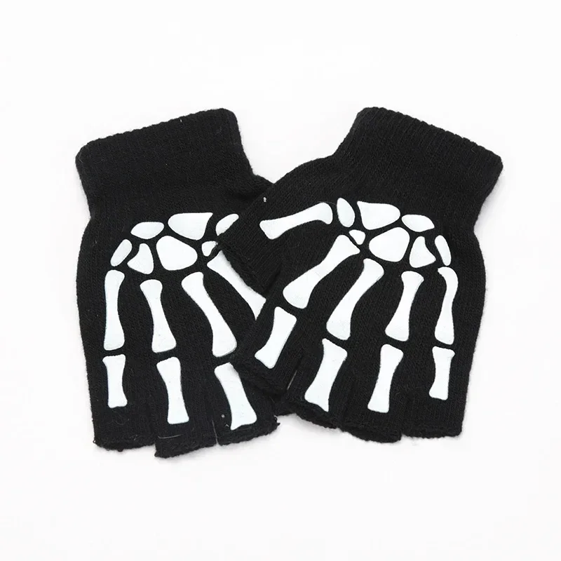Unisex Adult Halloween Skeleton Skull Half Finger Gloves Glow in the Dark Fingerless Stretch Knitted Winter Mittens
