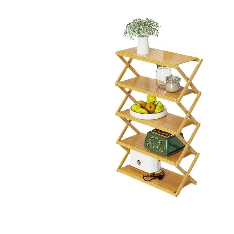 Portable Bamboo Wood Folding Storage Rack Multi Layer Outdoor Camping Picnic Shelf Organizer for Road Trip Travel Gear