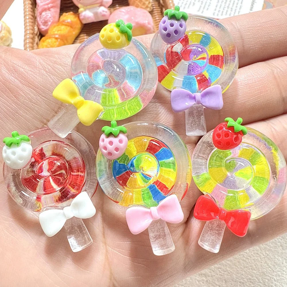 10PCS 24x33mm Strawberry Lollipop Miniature Flat Back Resin Cabochons For Hairpin Scrapbooking DIY Home Decor Craft Accessories