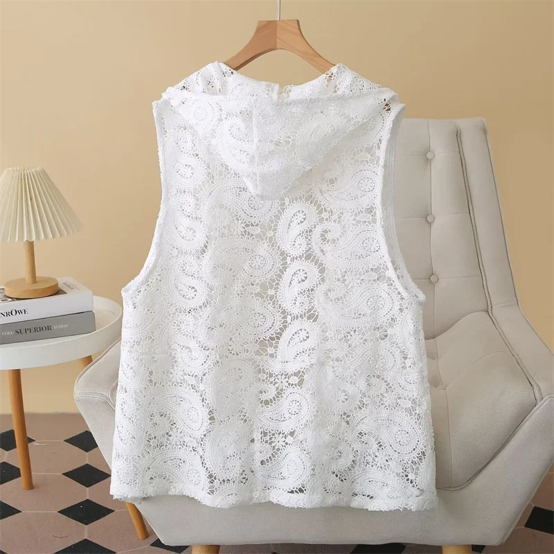 

Women Fashion Vest 2026 Spring Summer Autumn Vest Waistcoat Loose Comfortable Lace Hollow Hooded Vest Jacket Coat Open Stitch