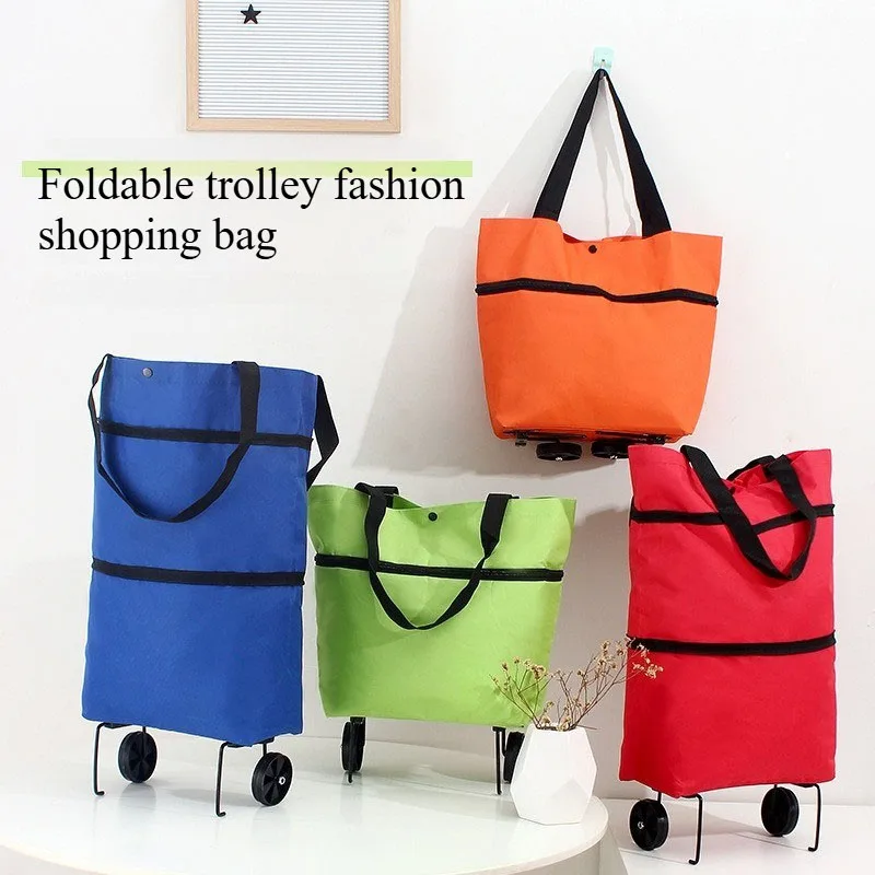 Oxford Cloth Foldable Shopping Trolley Bag with Wheels Lightweight Portable Grocery Cart Handbag Household Market Organizer