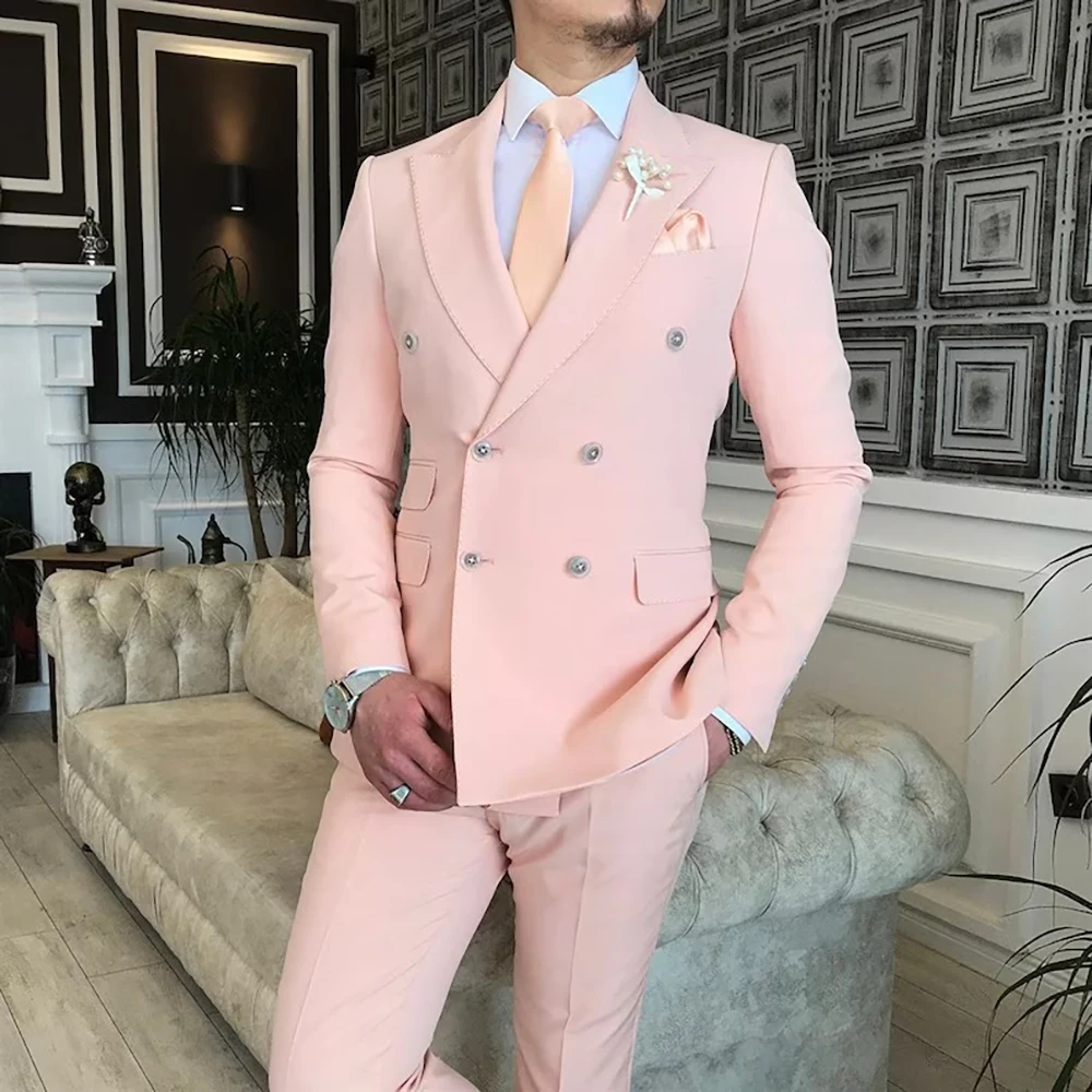 

STEVDITG Pink Men's Suits Blazer Double Breasted Peaked Lapel Flat Regular Length Wedding 2 Piece Jacket Pants Luxury Costume