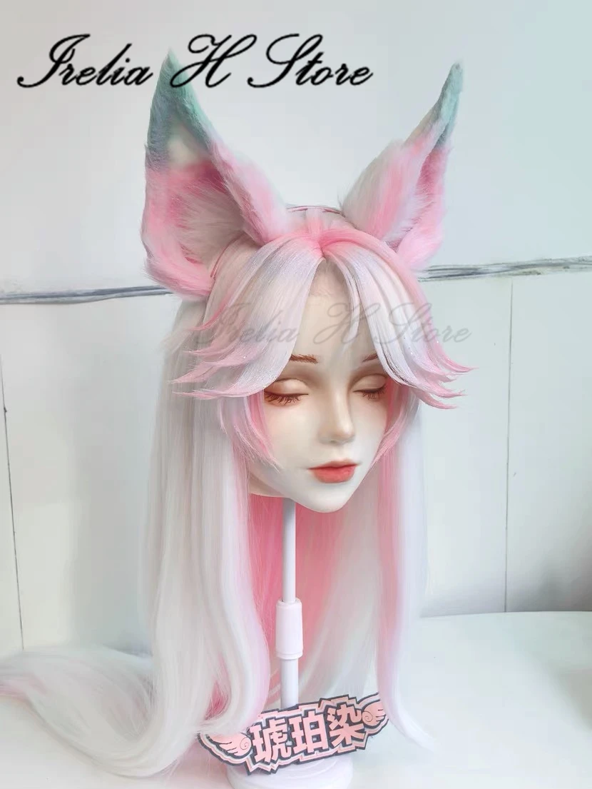 Irelia H LOL Ahri's Perücke Spirit Blossom Cosplay-Perücke, vorgestylte Perücke, rosa, mit Ohren
