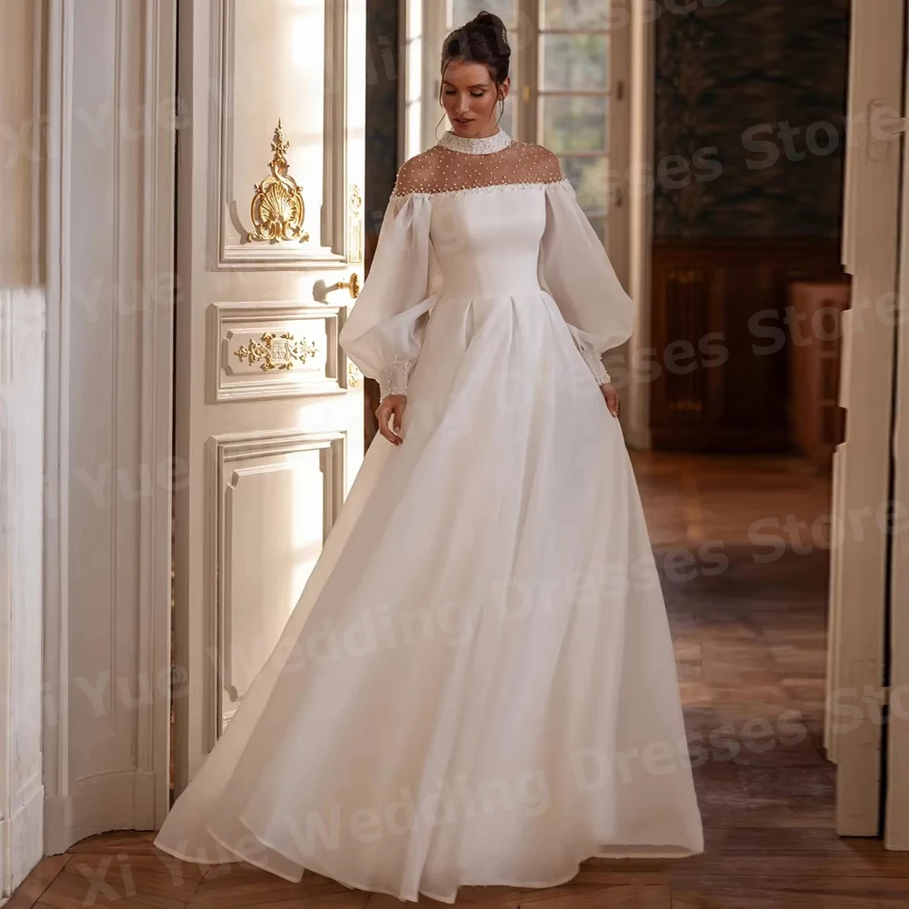 Fascinating A Line Women's High Neck Long Sleeve Wedding Dresses Vestido De Novia Bride Gowns Pearls Customized Robe De Mariée