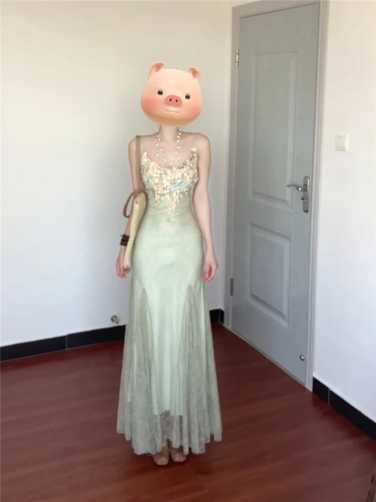 Estilo francês verde floral renda malha cinta de espaguete vestido para as mulheres verão puro desejo elegante fino ajuste sereia bodycon vestido
