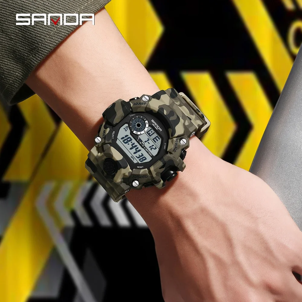 SANDA 2183 Electronic Watch Fashion Military Camo Waterproof Outdoors Sports Digital Display Silicone Strap Wristwatchs for Men