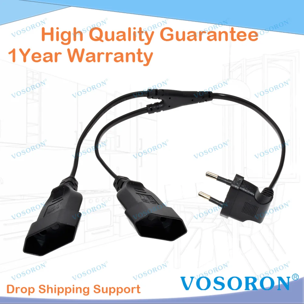 EU CEE7/16 90 Degree Male to Female Dual Output,2 Ways Outlet Extension Cord European 2 Prong M/F Power Splitter Cable