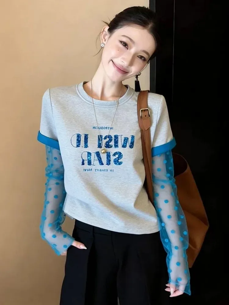 

Lace Patchwork Top Design Faux Two-Piece Long-Sleeve T-Shirt Women's Graphic T Shirts Y2k Tees Vintage Spring Summer Tops