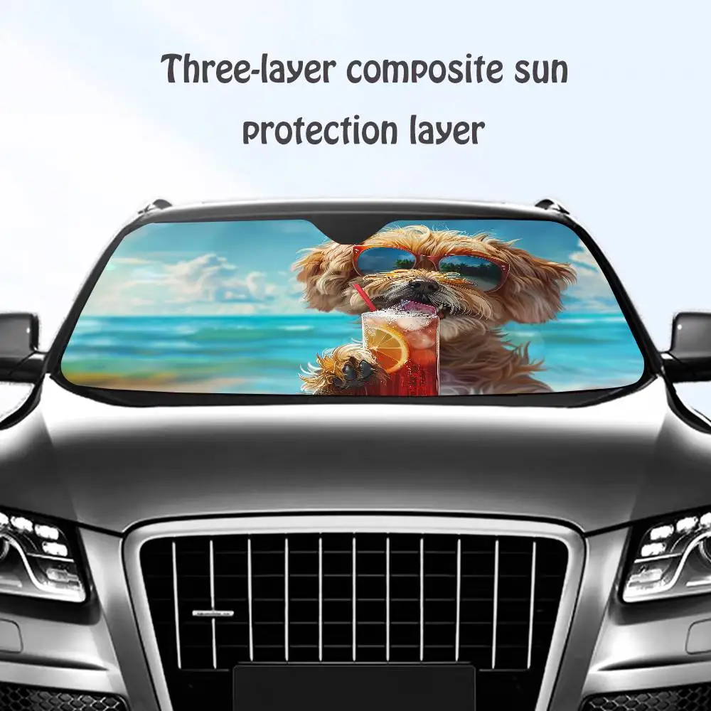 

Dog Exploring Tropical Beach Car SunShade Windshield Sun Shade Personalized Picture Block UV Rays Visor Protector