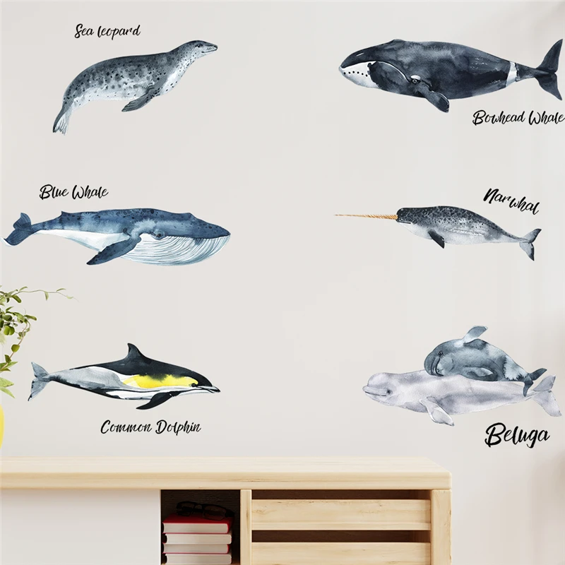 Dolphin Whale Narwhal Beluga Pattern Wall Stickers For Shop Studio Office Home Decor Ocean Fish Mural Art Pvc Decals Poster