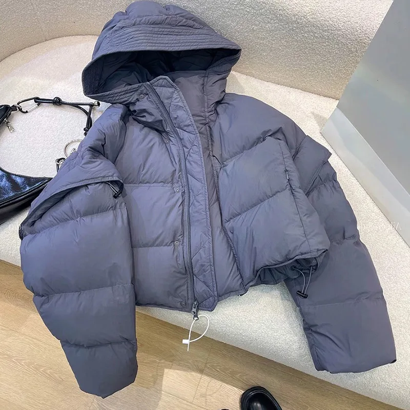 여성용 패션 숏 후드 퀼팅 재킷 2025 겨울 신상 포켓 두꺼운 아우터웨어 시크 긴 소매 따뜻한 패딩 코트