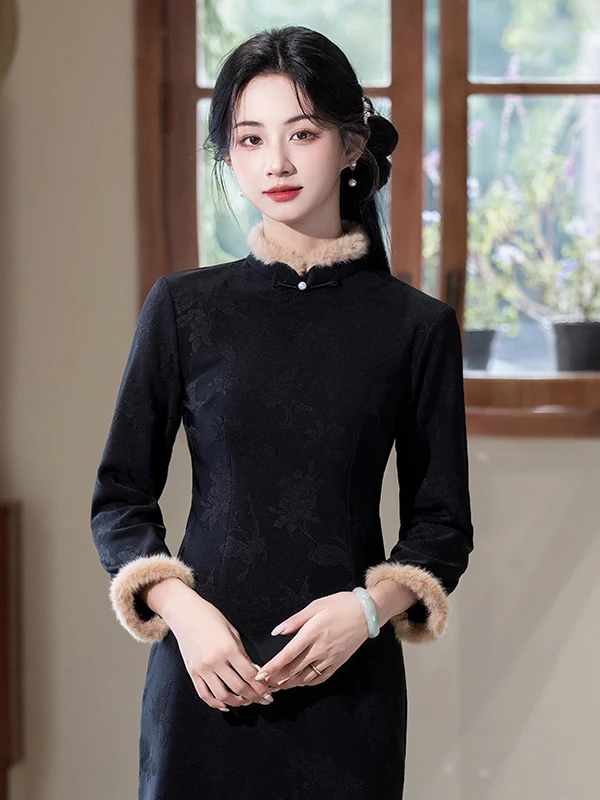 

New Chinese Sle Thiened Fce Lined Warm Mommy Dr Long Retro Sle Daily Wear Low Slit mid Length Skirt