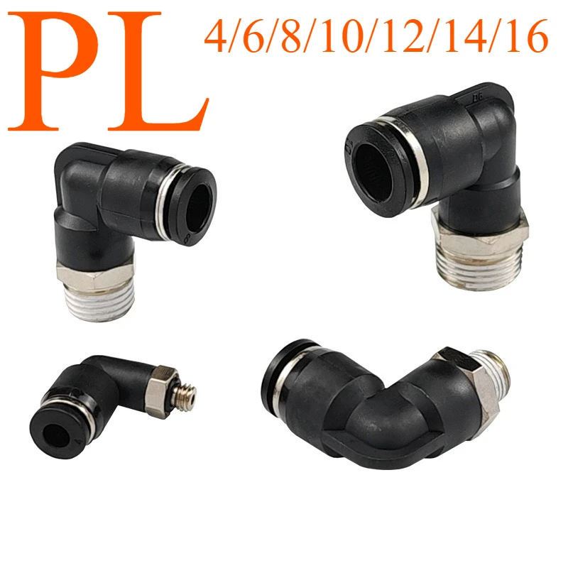 ‌PL4 Series Black Pneumatic Fittings - 90° L-Shaped Quick Connect Coupler M5/M6/M8 Thread for Air Compressor & Automation