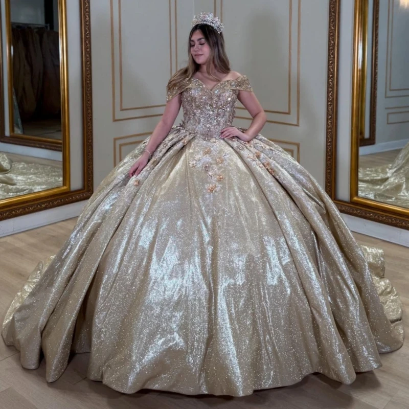 

Gold Shiny Princess Off the Shoulder Sweet 16 Dress Quinceanera Dresses Applique Flower Beads Tull Party Birthday Vestidos 15 De
