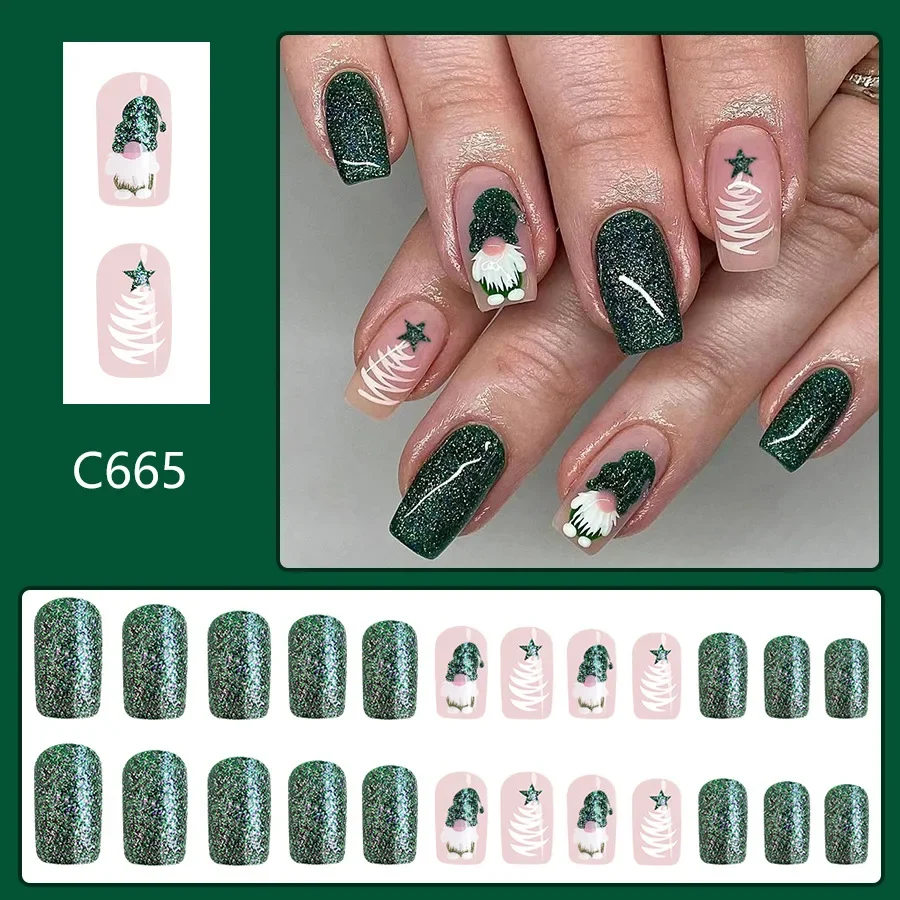 24PCS Holiday-Themed Press-on Nails Set - Glossy Mixed Color Short Square Shape Santa&Christmas Tree False Nails for Women/Girls