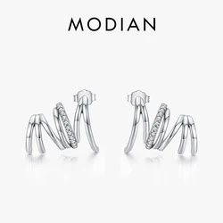 MODIAN Real 925 Sterling Silver Geometric Line Earrings Inlaid With Brilliant Zirconia Fashion Wave Stud Earrings Jewelry Gift