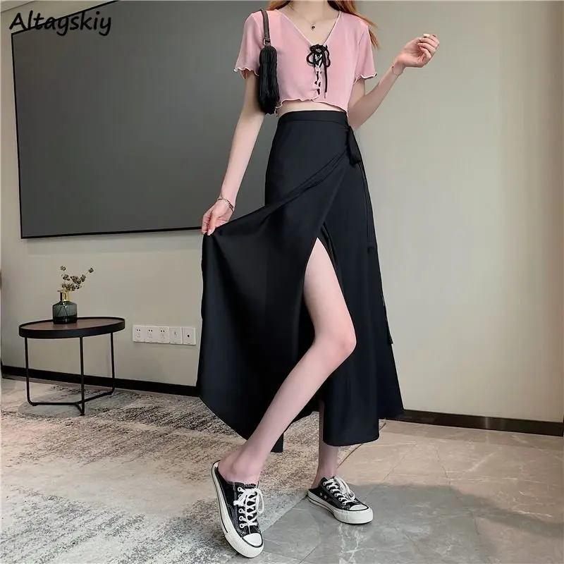 

Skirts Women Solid Preppy Style Summer Femme Chic Soft Holiday Lovely Tender Mid-calf All-match Student Dating Simple Ins Faldas