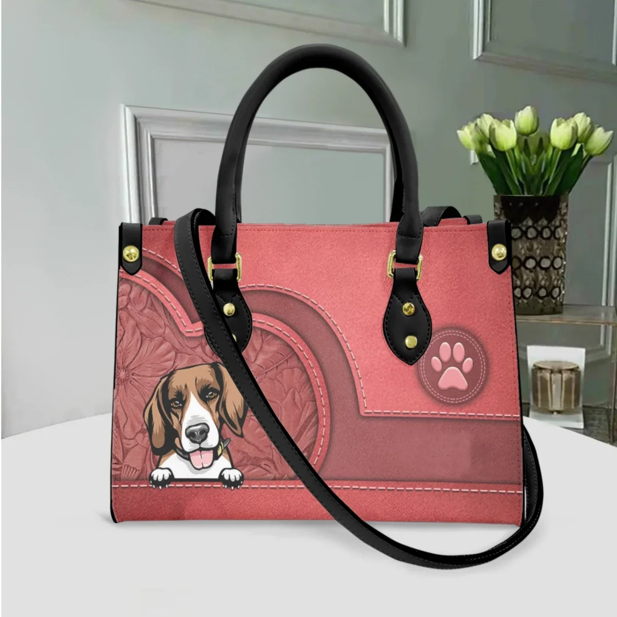 Beagle Print Luxury Small Tote Bag Women PU Leather Messenger Bag Retro Top Handle Portable Shoulder Handbag Gift for Dog Lovers