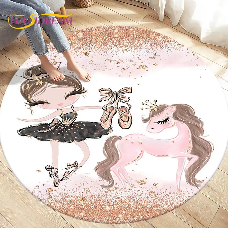 Tapis rond de bande dessinée de fille de ballet mignonne, décor de salle de jeux de sofa, salon et chambre à coucher d\'enfants, polymères de