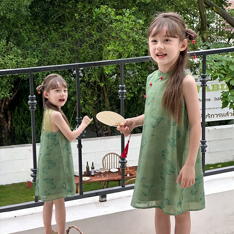 Girl Dress 2024 Summer Baby Girls New Chinese Dress National Style Hanfu Qipao Retro Tray Buckle Sundress Baby Green Skirt