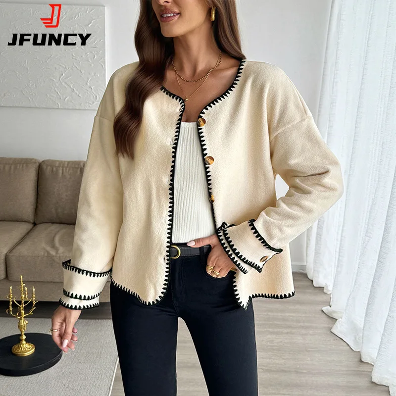 

2025 Autumn Winter Women's Cardigan Jacket Elegant Casual Loose Round Neck Ladies Coat