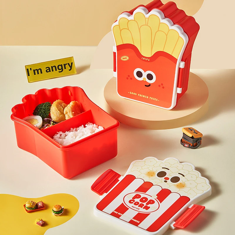 Niedliche Lunchbox für Kinder, Cartoon-Frites, gebratenes Huhn-Muster, für Kinder, Schule, Mittagessen, Outdoor, Camping, Picknick, Lebensmittel, kleiner Behälter