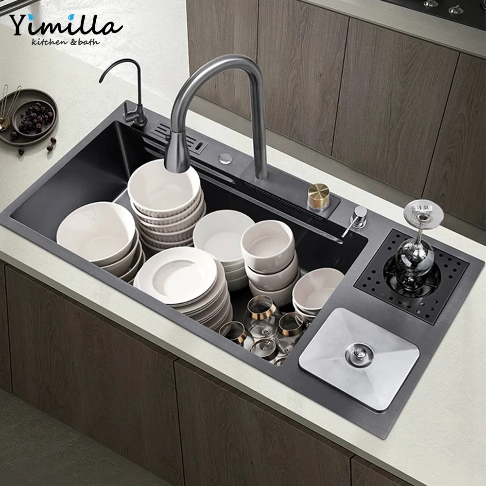 New Design Large Size Handmade Waterfall Kitchen Sink Stainless Steel Sinks Function Kitchen Multi-functional Sink