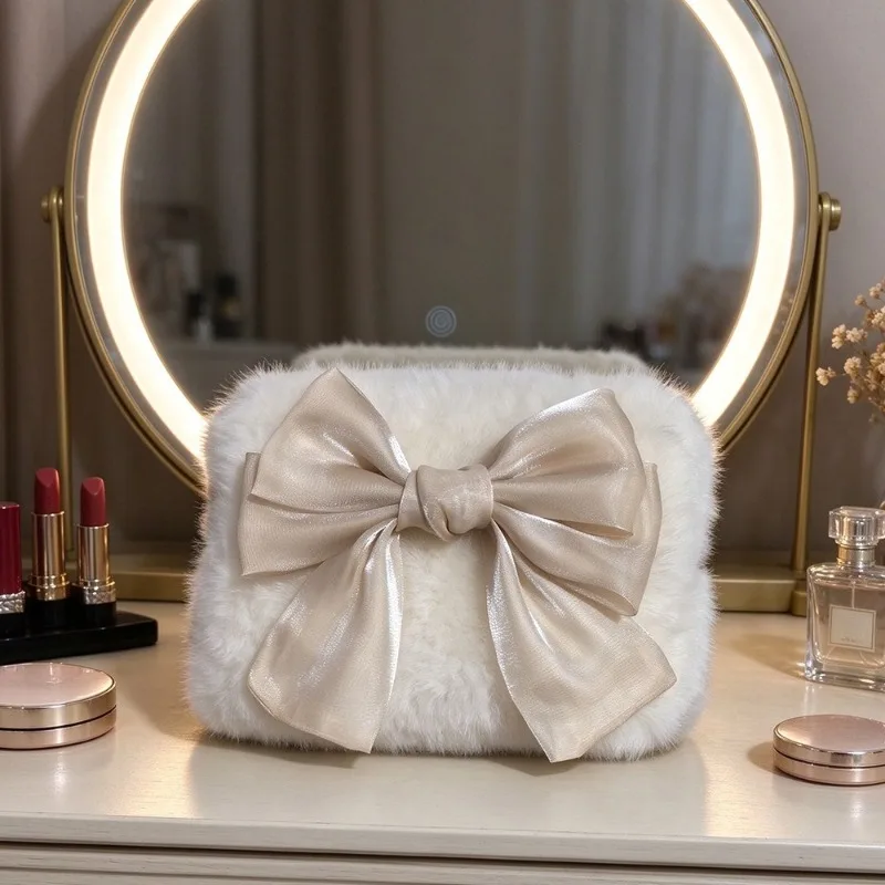 Ins Style Faux Mink Plush Makeup Bag with Bow Soft Fluffy Leopard Print Portable Clutch Cosmetic Storage Pouch Case