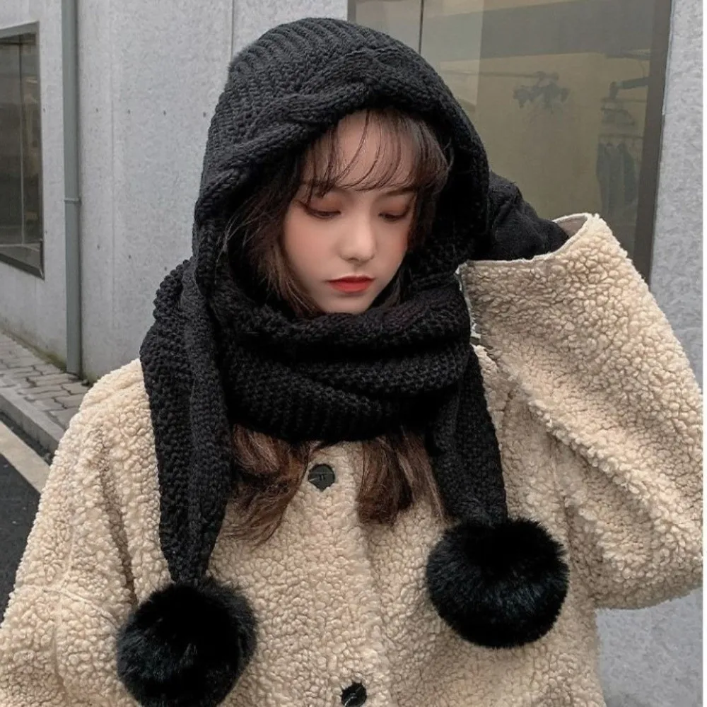 

Cute Thickened Hooded Scarf Hat Cold Protection Neck Protection Knitted Hat Ear Protection Fur Ball Hat Winter Season