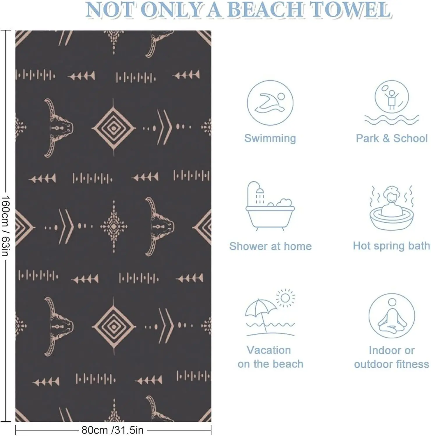 Aztec Beach Towel, Western Tribal Bull Skull Horns Ethnic Aztec Cow Pattern Pool Camping Swim Towels for Travel Swim Pool