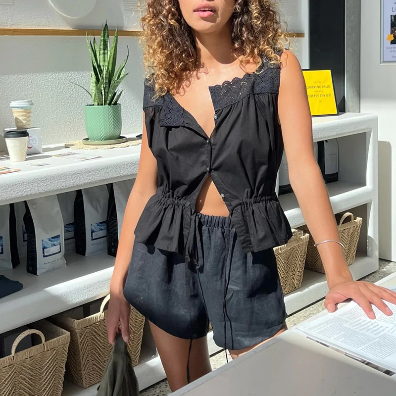 

Casual Sleeveless Hollow Suit 2025 Spring Summer Vacation Beach Outfit Women Sexy Button Drawstring Lace Sling Top & Shorts Sets