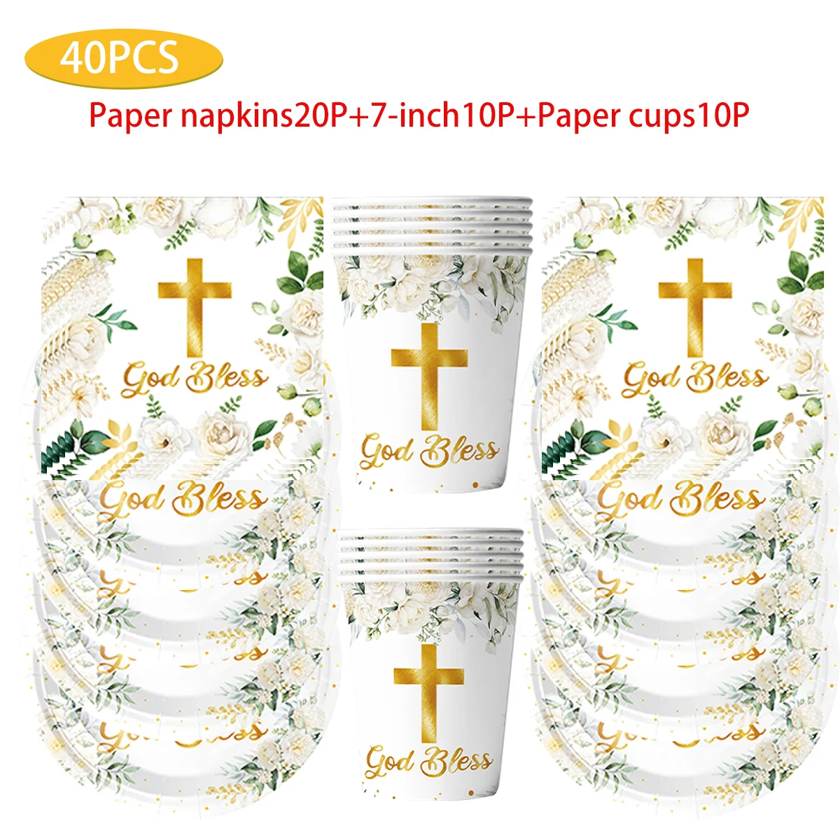 

White Cross Themed Birthday Party Supplies, Disposable Tableware, Paper Plates, Tablecloth Set, Party Decorations