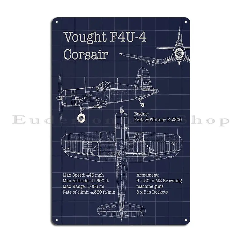 Vought F4u 4 Corsair Blueprint Metal Sign Garage Wall Cave Printed Club Personalized Tin Sign Poster