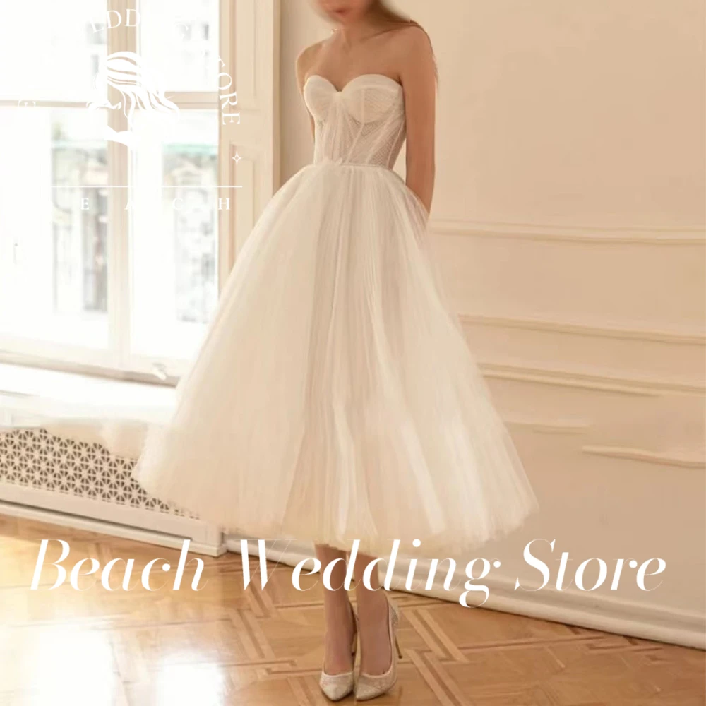 

Beach Customized Strapless A-line Sweetheart Mid Calf Women Wedding Dress Princess Backless Short Bridal Gown Robe De Soirée