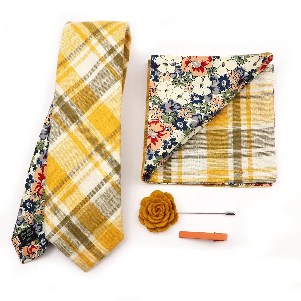 

Two Side Floral Plaid Cotton Patchwork Tie Set Brooch Pin Clip Hankie Cufflink Ties Men Party Daily Shirt Cravat Gift Accessory