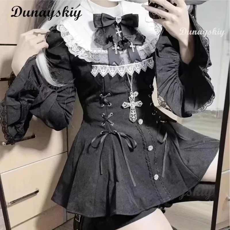 

DY2025Jirai Kei Fashion Gothic Vintage Hot Girl Patchwork Dress Lolita Y2k Skinny Design Evening Party Dress Female Lace Chic Ou