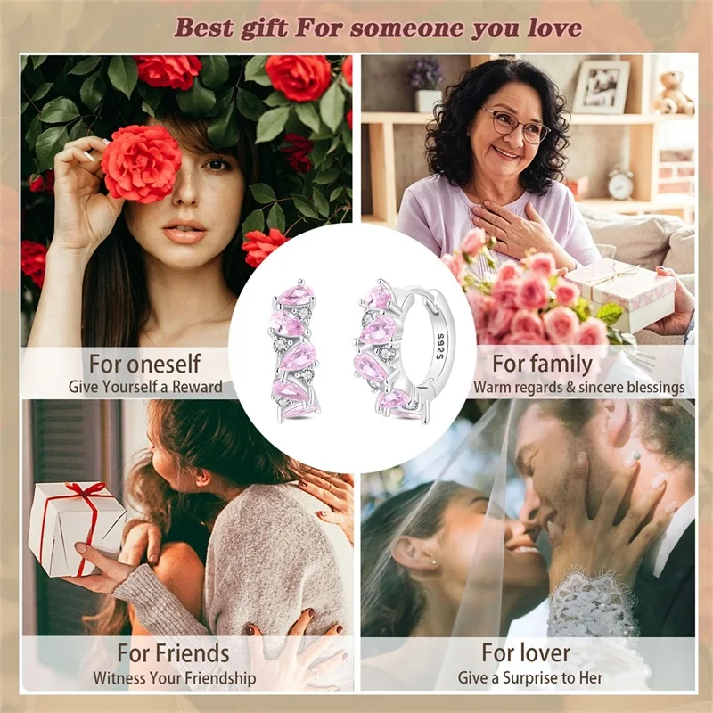Immagine 7: Eleganti orecchini a cerchio in argento sterling 925 con cristalli rosa per le donne, regali di gioielli da sposa di alta qualità